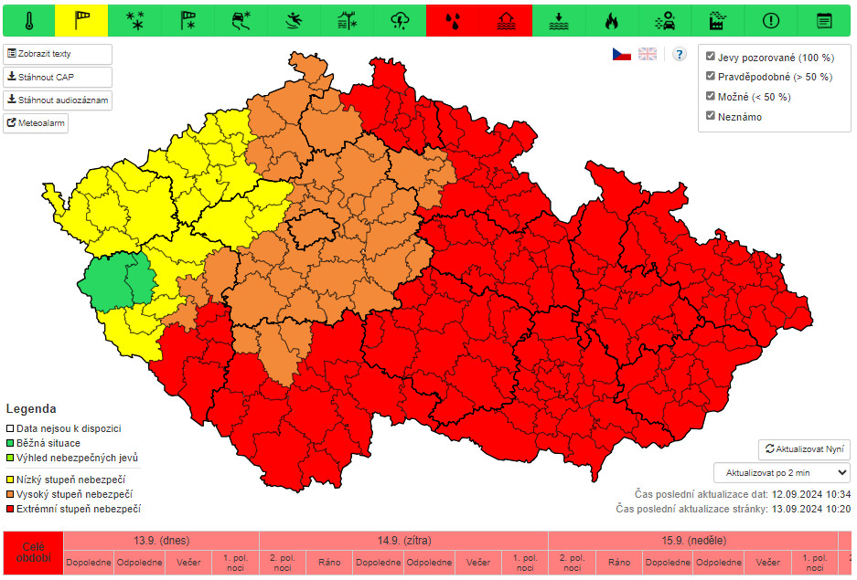 Mapa meteorologických výstrah vydaná ČHMÚ pro víkend od 13. 9. do 15. 9. 2024