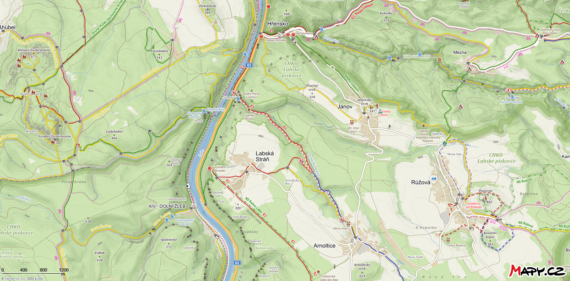 Vyobrazení situace na turistické mapě. Mapový podklad: www.mapy.cz