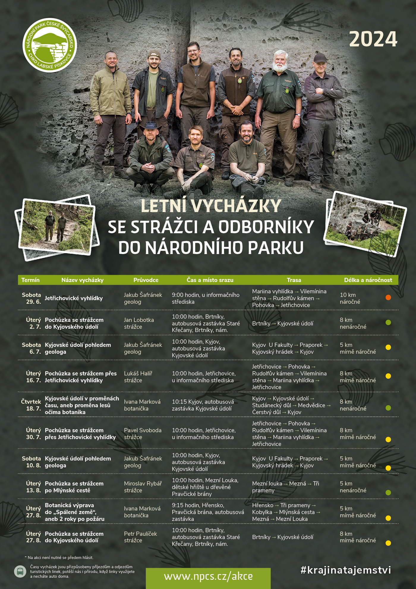 Propagační plakát na vycházky se strážci přírody Správy NP České Švýcarsko v letní sezóně 2024